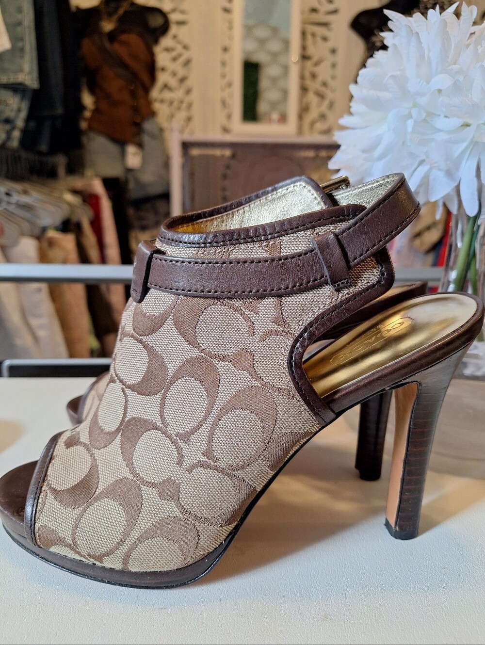 Coach Tan/Brown Signature Canvas Peep-Toe Mules - Picture 2 of 7